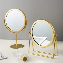 Nordic Brass Gold Metal Makeup Mirror Luxury Retro Dressing Mirror Desktop Bedroom Square Round Mirror Dormitory Makeup Mirror