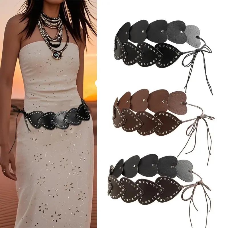Wide Waist Strap Love Rivet Needle Buckle Belt Heart-shaped Studded Waist Belt PU Leather Splicing Women Dress Jeans Waistband
