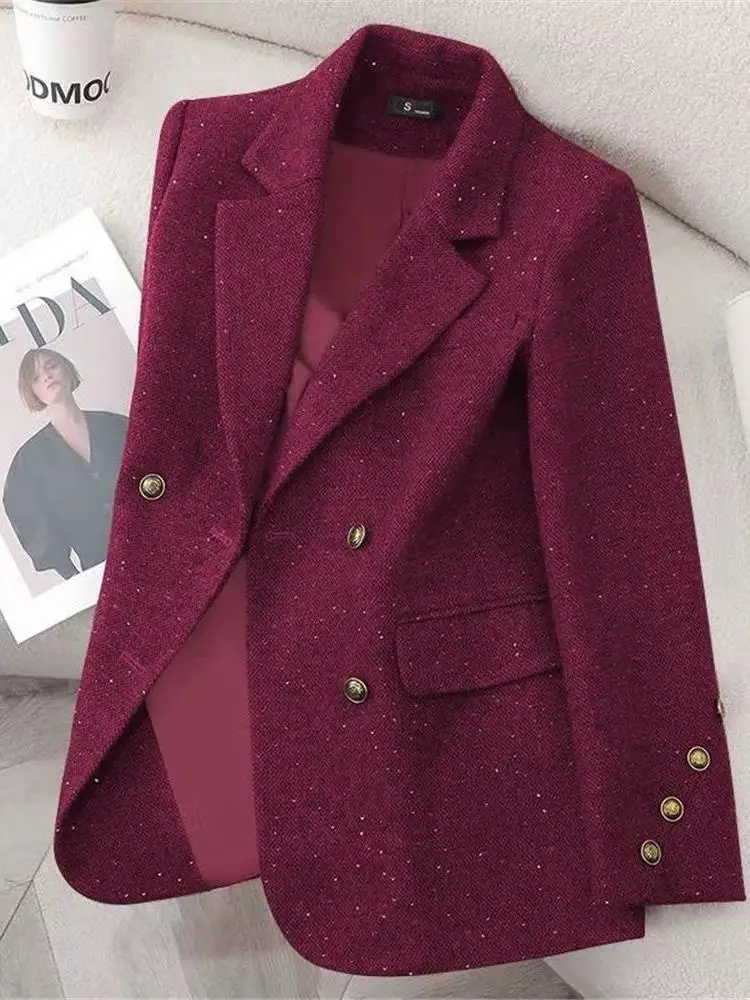 Traje Rojo Entallado, Casual y Moderno, Estilo Coreano, de Doble Botonadura, Profesional, de Manga Larga para Mujer, para Pri...