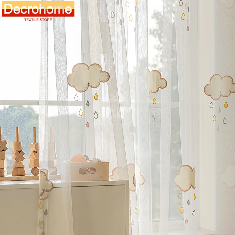 

Children's Room White Cartoon Cloud Embroidered Window Screens for Living Room Bedroom French Balcony Window Customized