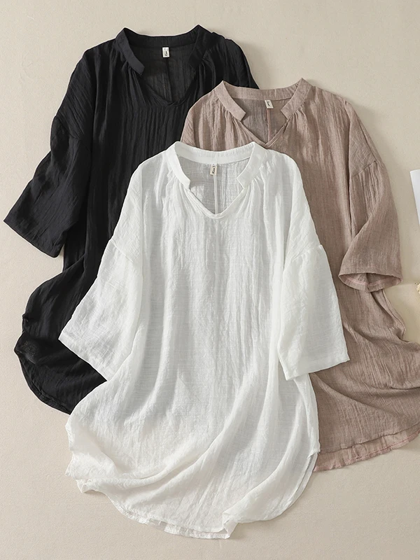 

Chic Large Size Women's Linen Shirt V-Neck Mid-Length Sleeveless Top Artistic Commute Style Casual Wear And Pear Body T...