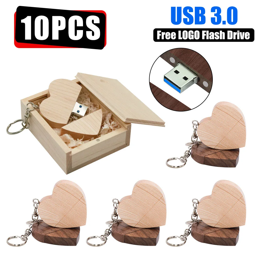 10PCS/LOT USB 3.0 Flash Drive  Free Logo with chain Pen Drive 128GB 64GB 32GB16GB8GB Wooden Heart Box Memory Stick  Wedding Gift