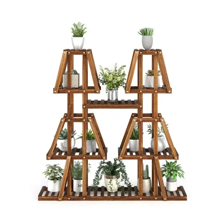 5-Tier Corner Plant Stand – Carbonized Pine Wood, 10 Pot Shelves, Multipurpose for Indoor/Outdoor Decor