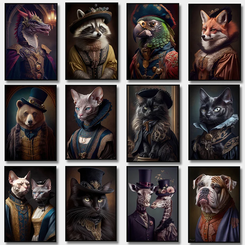 1 pieza de lienzo sin marco, pintura victoriana gótica, póster de animales: Dama Zorra, Jirafa, Esfinge, Gato, Loro, Bulldog, Gato Negro, Mapache, Oso