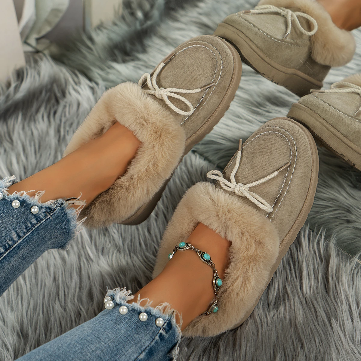 

New Solid Color Furry Females Feetwear Women Winter Cotton Shoes Plush Warm Snow Boots Ladies Casual Flat Short Boots