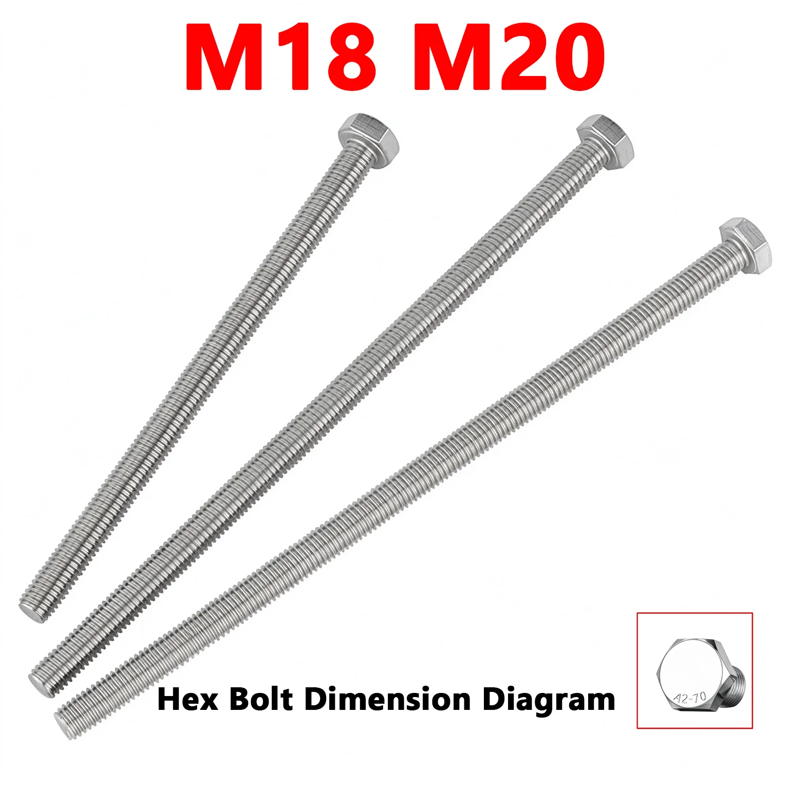 M18 M20 304 Stainless Steel Extra Long External Hexagon Head Screw DIN933 Metric Full Thread Hex Bolt A2-70 Fastener