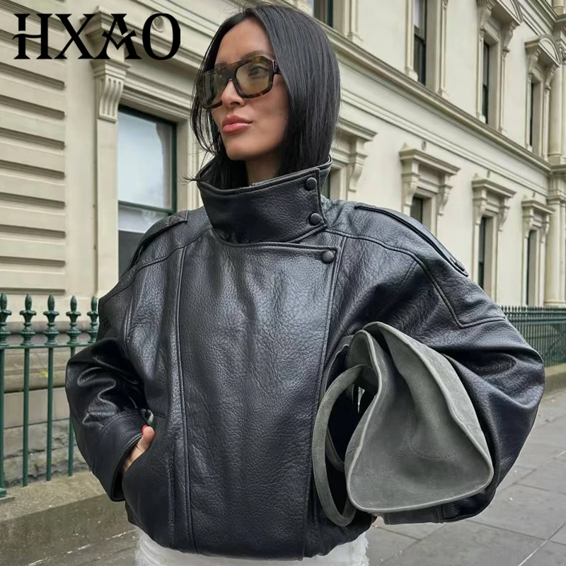 

HXAO черная куртка из искусственной кожи, женская куртка, Новое поступление, верхняя одежда в стиле панк, пальто большого размера с длинными рукавами и воротником-стойкой на молнии