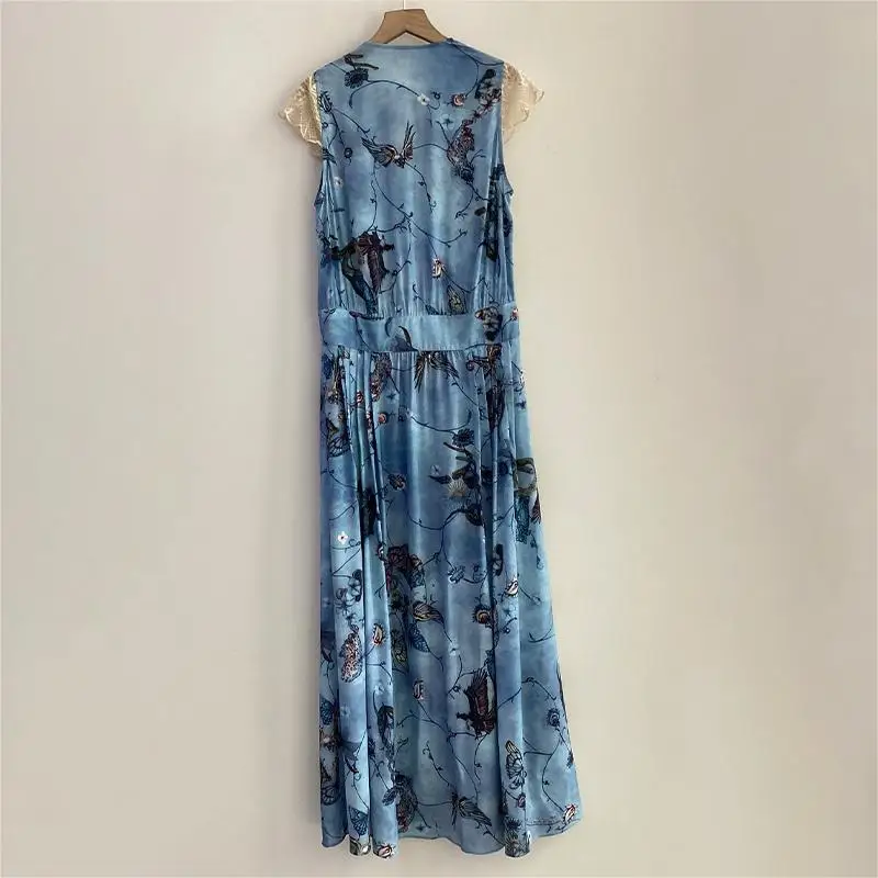 

Zadig Lace Dresses Women Casual Short Sleeve Long Dress Female Sexy Vintage Spring Autumn V-Neck Printed Blue Button Robe Dress