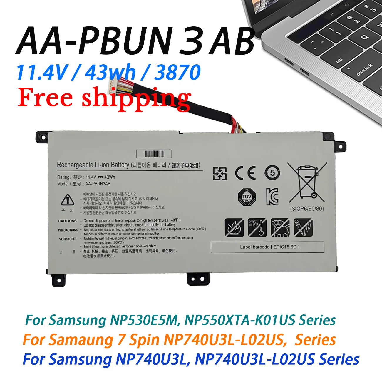 AA-PBUN3AB  AA-PBUN3QB Battery For Samsung Notebook 7 BA43-00377A NP740U3L-L02US NP740U3M-K01US NP800G5M 800G5M NP740U5M 43Wh