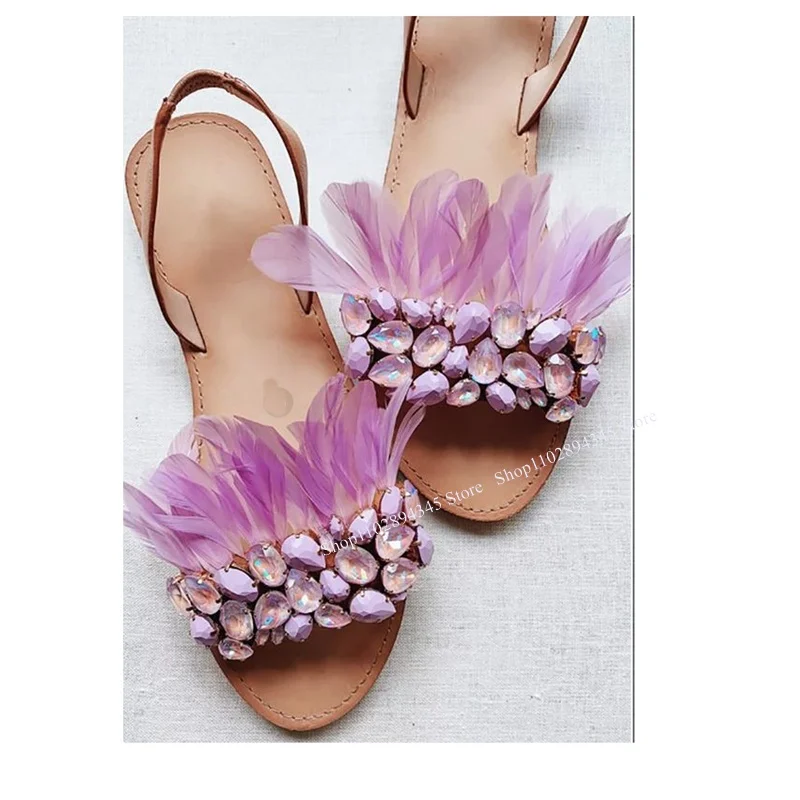 

Crystal Feather Decor Back Strap Sandals Hollow Shallow Peep Toe Fashion Novel Style 2023 Summer Woman Shoes Zapatillas Mujer