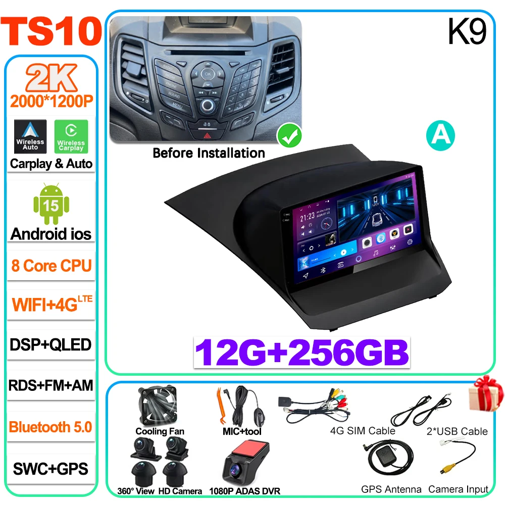 Auto radio Carplay Android 16 voor Ford Fiesta Mk 6 2009 2010 2011 2012 2013 2014 -2018 Radio Multimedia Videospeler Scherm GPS