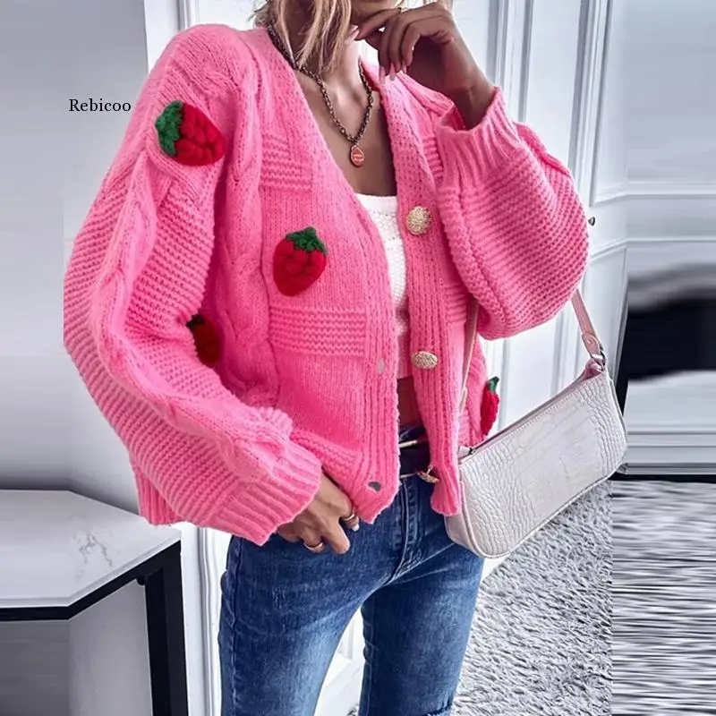 Women Elegant trawberry Print Sweater Cardigan Autumn Winter Casual Loose Ribbed Cardigan Fashion Long Sleeve Button Jumper Coat