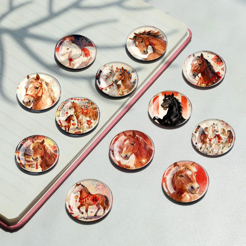 12PCS 30mm Horse Fridge Magnets Set Glass Refrigerator Magnets Zodiac Horse Decorative Magnets for Kitchen Home Decor