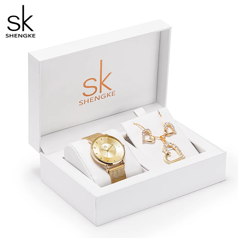 Shengke-Conjunto de relojes con caja de regalo para mujer, elegante reloj con Collar, pendientes, anillos, accesorios, reloj de cuarzo japonés