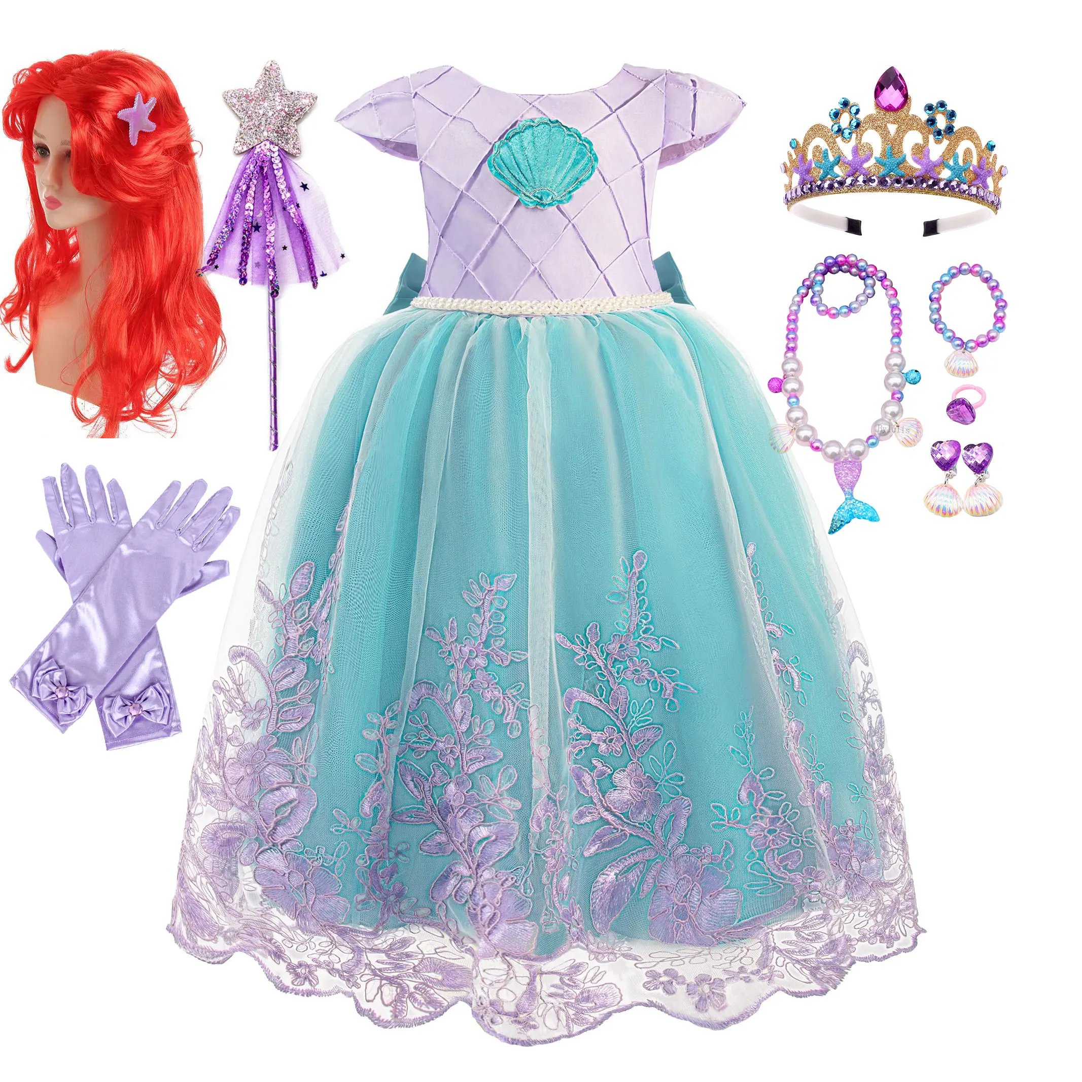 Vestido de Princesa Deluxe A Pequena Sereia Ariel para Festa, Fantasia Infantil Fofa de Halloween, Vestido de Aniversário para Meninas