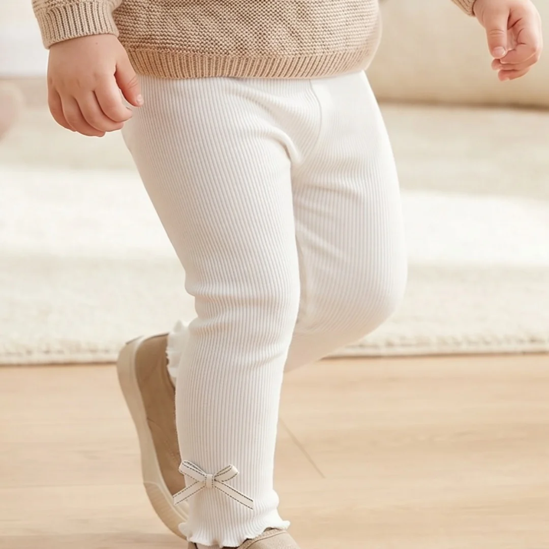 1-6 Y 2026 Autumn Princess Style Girls Leggings Bow Ruffle Hem Solid Color Kids Pants Thin Soft Children Leggings