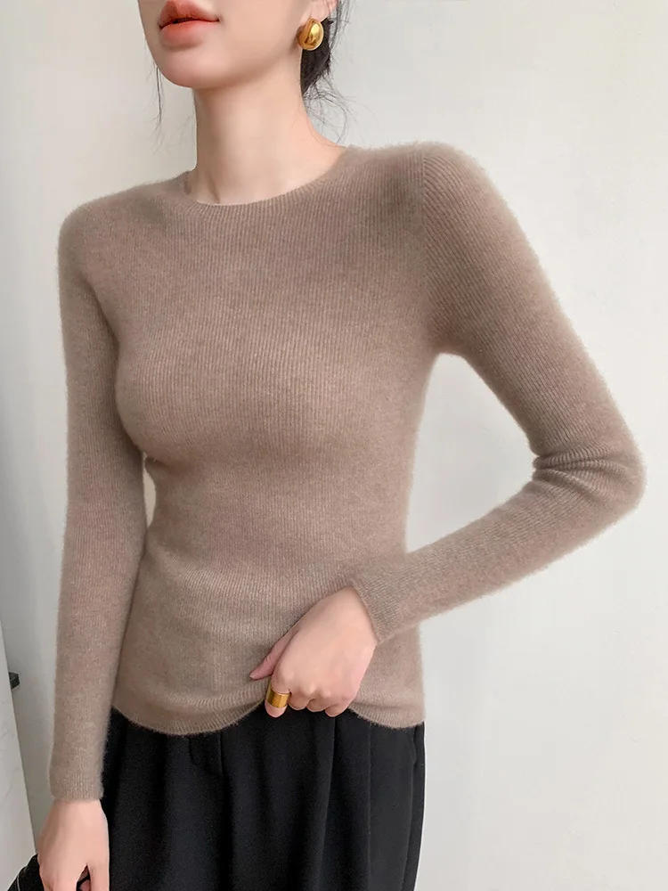 Pull Chic en laine pour femmes, col rond, Slim, couleur Pure, manches longues, Simple, 100 % laine mérinos, tricot, haut coréen, printemps automne