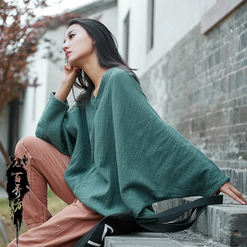 

Cotton and linen women's new product retro texture thin pullover V-neck bat T-shirt fashionable casual versatile simple temperam