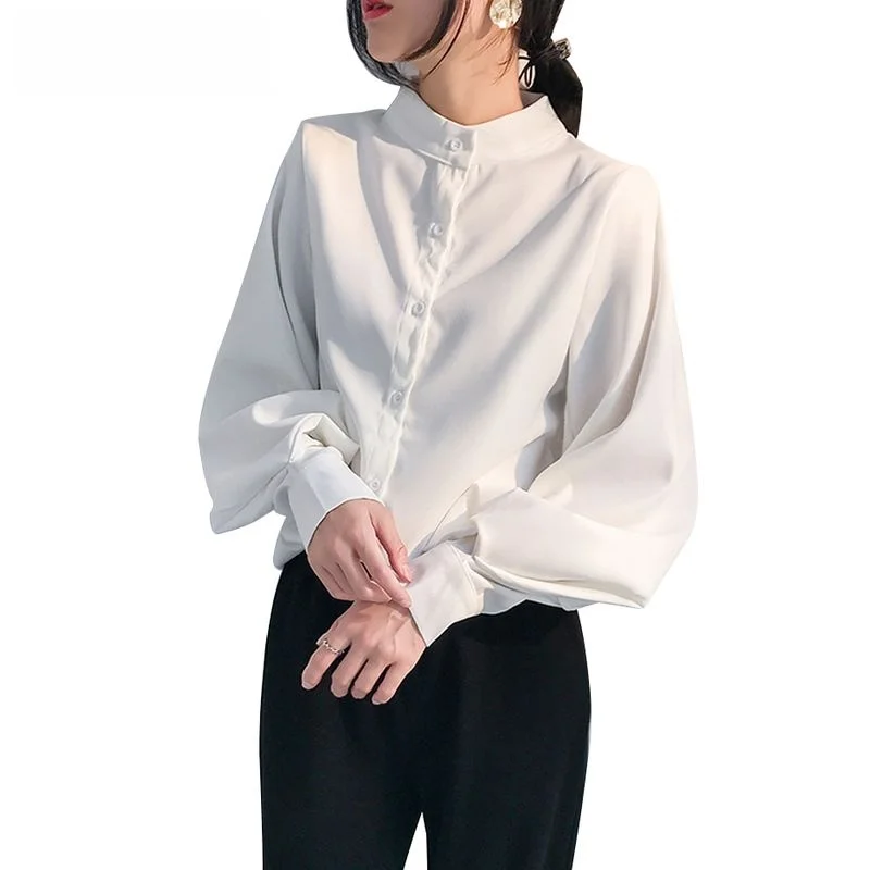 

Women's Autumn Winter Single Breasted Big Lantern Sve Blouse Cleanfit Sle A-Line Sve Linen Material Ladies T-irt