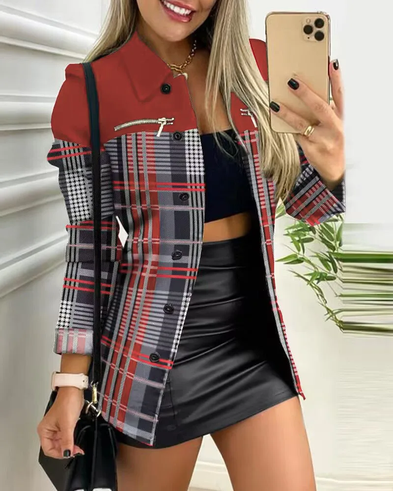 Women's Printed Geometric Jacket 2024 Autumn and Winter Long Sleeve Zipper Color Block Printed Lapel Jacket for Women