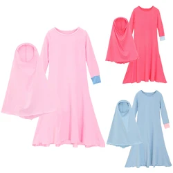 Muslim Girls Spring and Autumn Long Sleeve Solid Color Dress + Headscarf 2-piece Children's Clothing