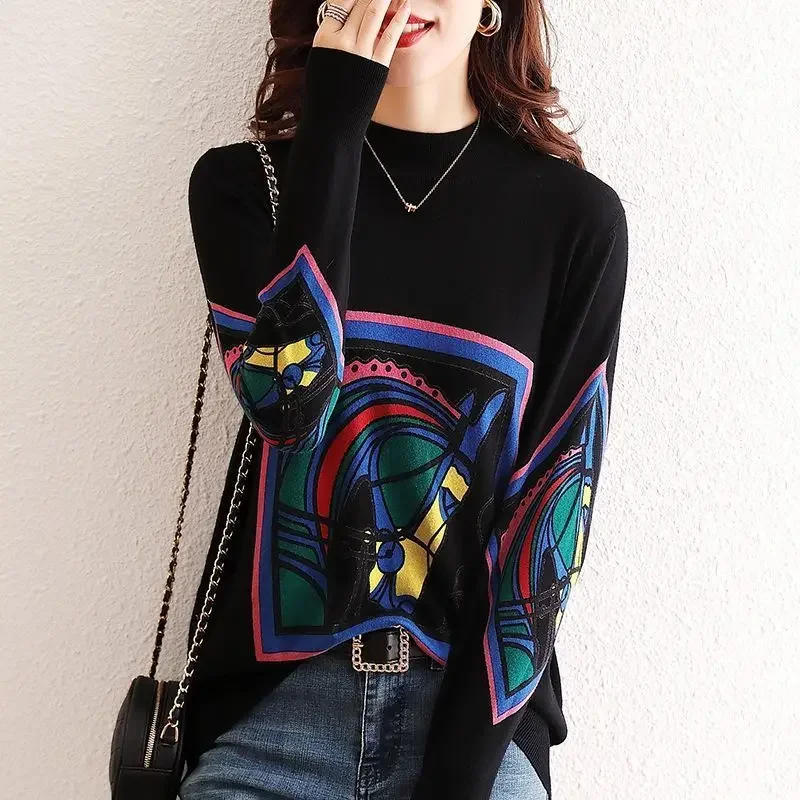 Round O Neck Winter 2024 Black Graphic Women's Knit Sweater Youthful Fall Clothing Sales Aesthetic Korean Style Ladies Pullovers