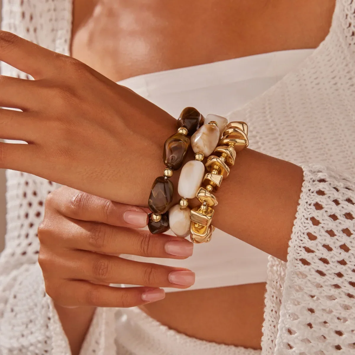 

Irregular Resin Bead Bracelet, Color-Blocked Stacking Bracelet, Artisan Handwoven Unisex Boho Jewelry