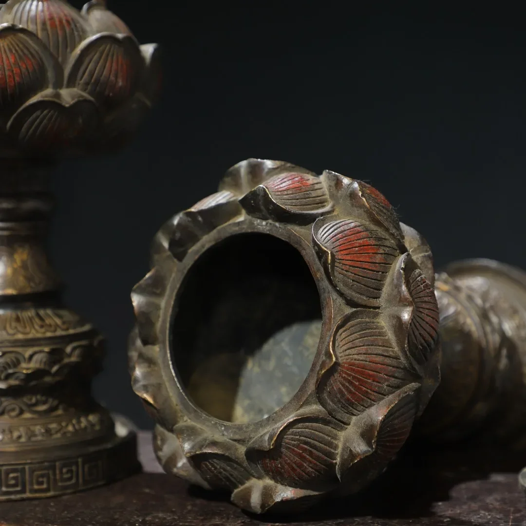 11 "مجموعة معبد التبت البرونزية القديمة الزنجفر الطين الذهب لوتس باوليان مصباح مصباح زيتي زوج الشمعدان قاعة العبادة تاون هاوس