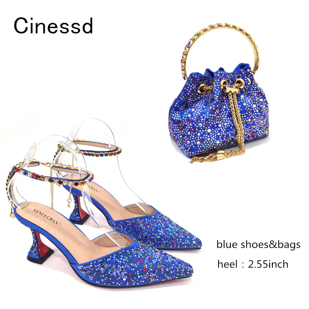 2023 Blue Color Popular Pointed Full Of Diamonds And Shiny Shoes With Bag Banquet Shoes And Bags And Friends Party