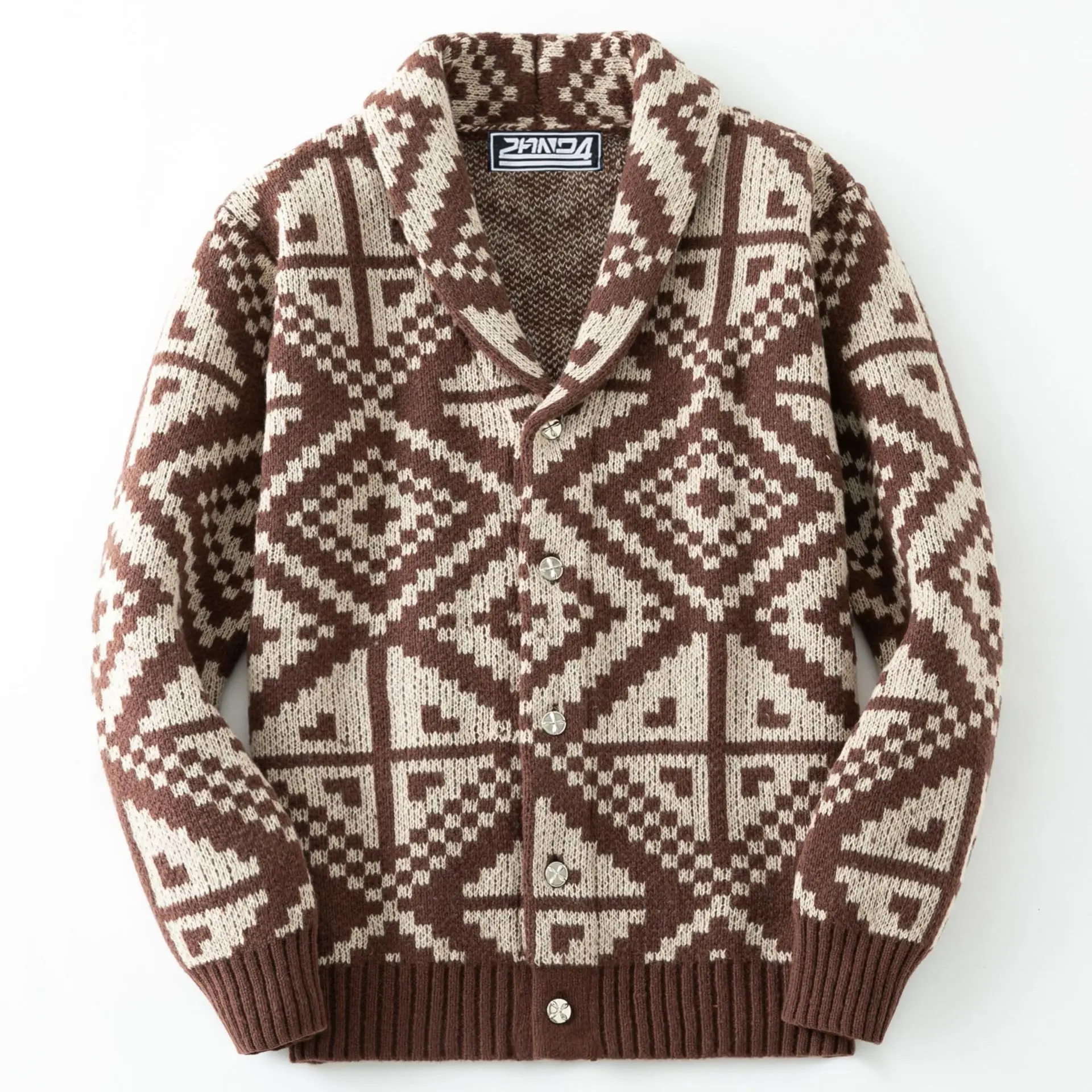 

Men Winter Knit Cardigan Sweater Vintage Geometric Pattern Thick Wool Coat Shawl Collar Button Jacket