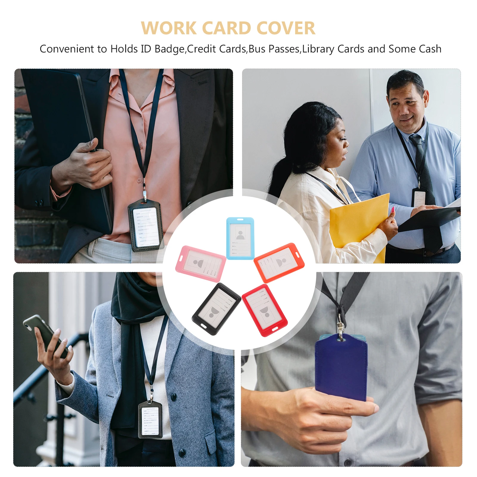 

5pcs Pushable Sliding Cover Id Badge Holder Lanyard For Office Staff Work Credentials Holder Keychain Lightweight Pp Material