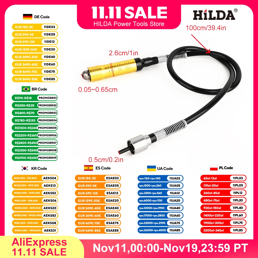 

HILDA Rotating Flexible Soft Shaft Rotary Angle Grinder Accessories Suitable for Electric Drills/Rotary Angle Grinders