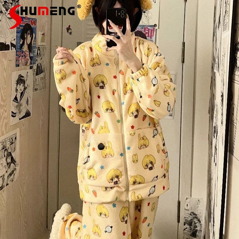 

Original Pajamas Autumn Winter Zipper Set Female Japanese Style Sweet Sleepwear Suits Women's High Street Underwear Outfits