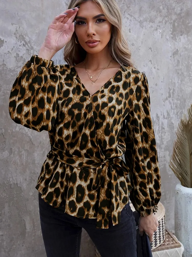 Mugen-Blusa informal con estampado de leopardo para mujer, camisa con cuello en V, talla grande, 3/4, 2024