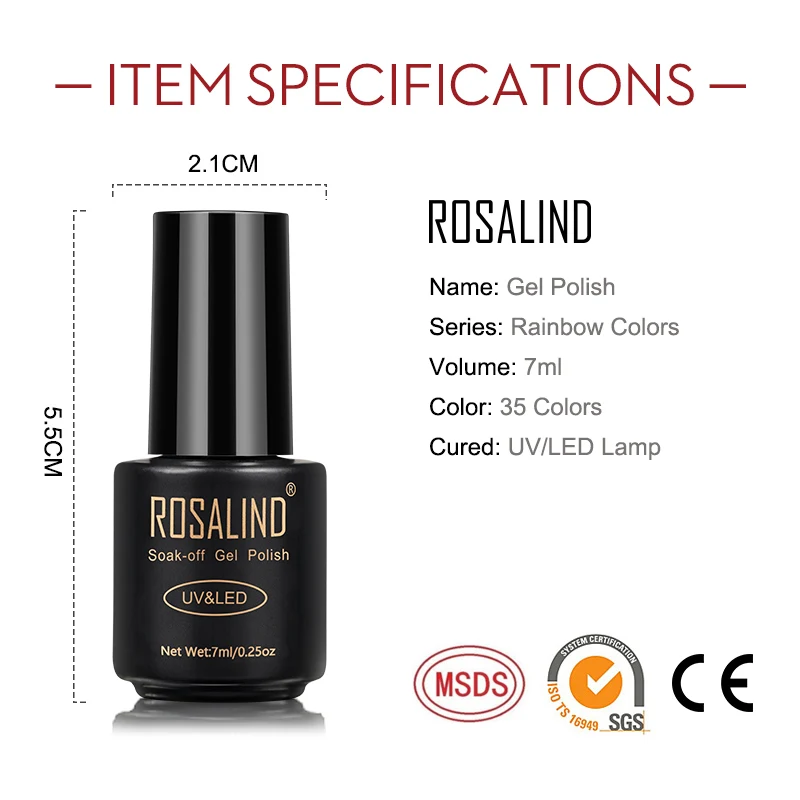 ROSALIND 7ml Gel Nail Polish Glass Bottle Matt Top Base Soak Off UV LED Nail Lacquer Rainbow Color Gel Varnish Semi Permanent