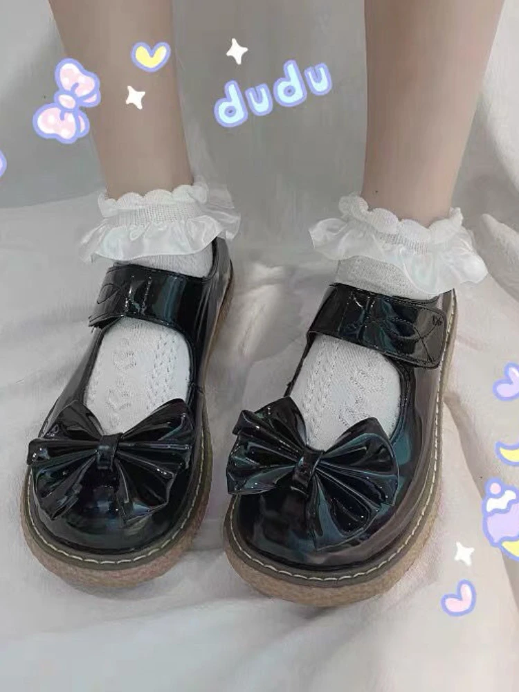 Fashion Uniform Small Leather Shoes Female Lolita Vintage Platform Round Head Shoes Women Tie Bow Student Girl Mary Jane Shoes