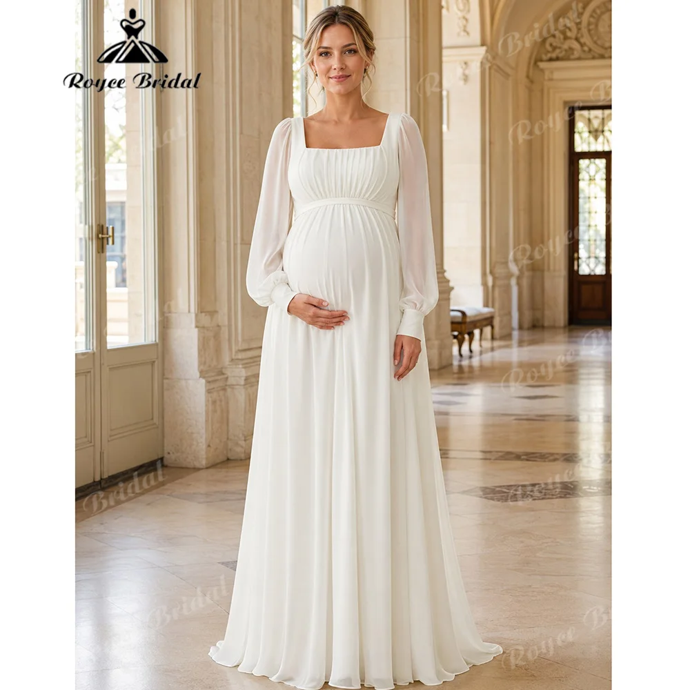 2027 Square Neck Maternity Wedding Dress Lantern Sleeve Chiffon Empire Waist Square Back Boho Pregnant Bride Gown Customized