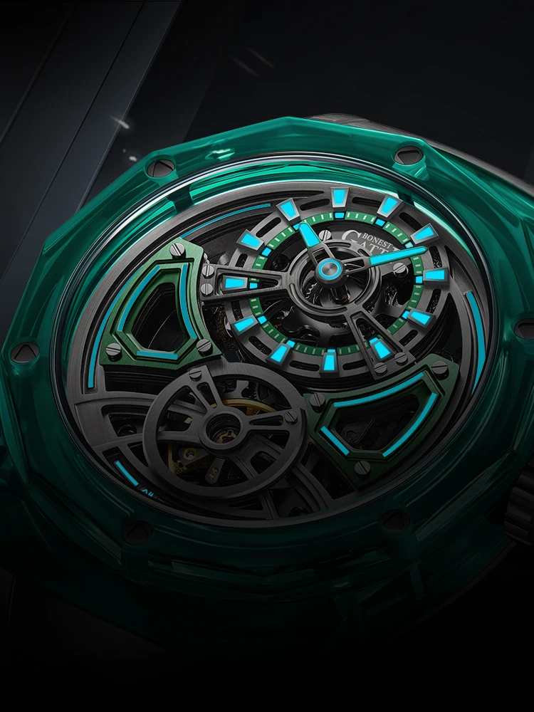 BONEST GATTI Men Automatic Watch 45mm Mechanical Wristwatch Crystal Case Sapphire Luminous Fluororubber Strap Skeleton Dial
