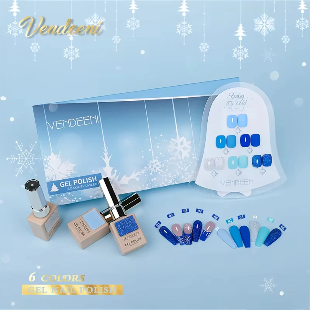 Vendeeni 6가지 색상/세트 크리스마스 젤 네일 폴리쉬 TPO HEMA FREE 아이스 스노우 블루 레드 그린 UV LED 소크 오프 젤 바니시 디스플레이 포함