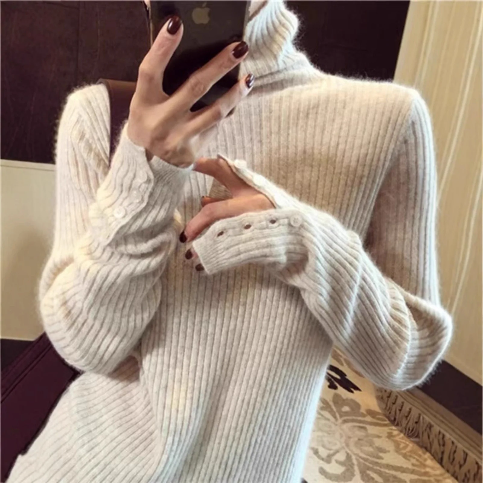 

Women's Base Layer Shirt Slim Fit Inner Wear Stackable Cozy Neck Design Autumn Winter Style Elegant High Neck Knitted Sweater