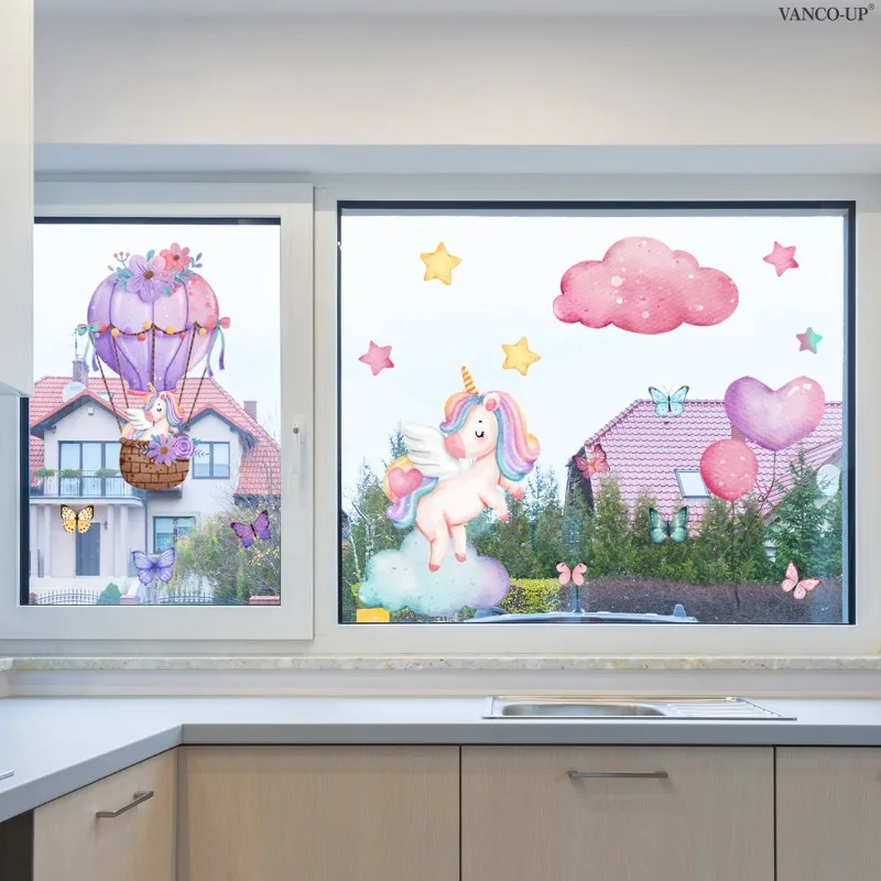 Cartoon Animals Hot Air Balloons Cloud Stars Unicorns Window Sticker For Children Room Pink Unicorn Window Electrostatic Sticker