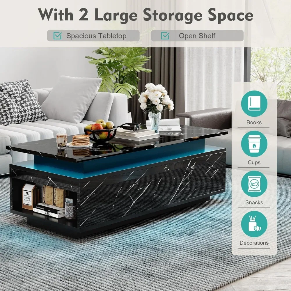 LED Coffee Table with Storage, Black Coffee Table with Wireless Charging and Speaker, High Glossy Modern Center Table with 24 Co