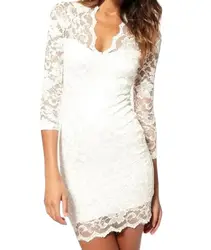 Young Lady Fashion Half Sleeve Hollow Lace V Neck Party Dress With Scalloped Neck