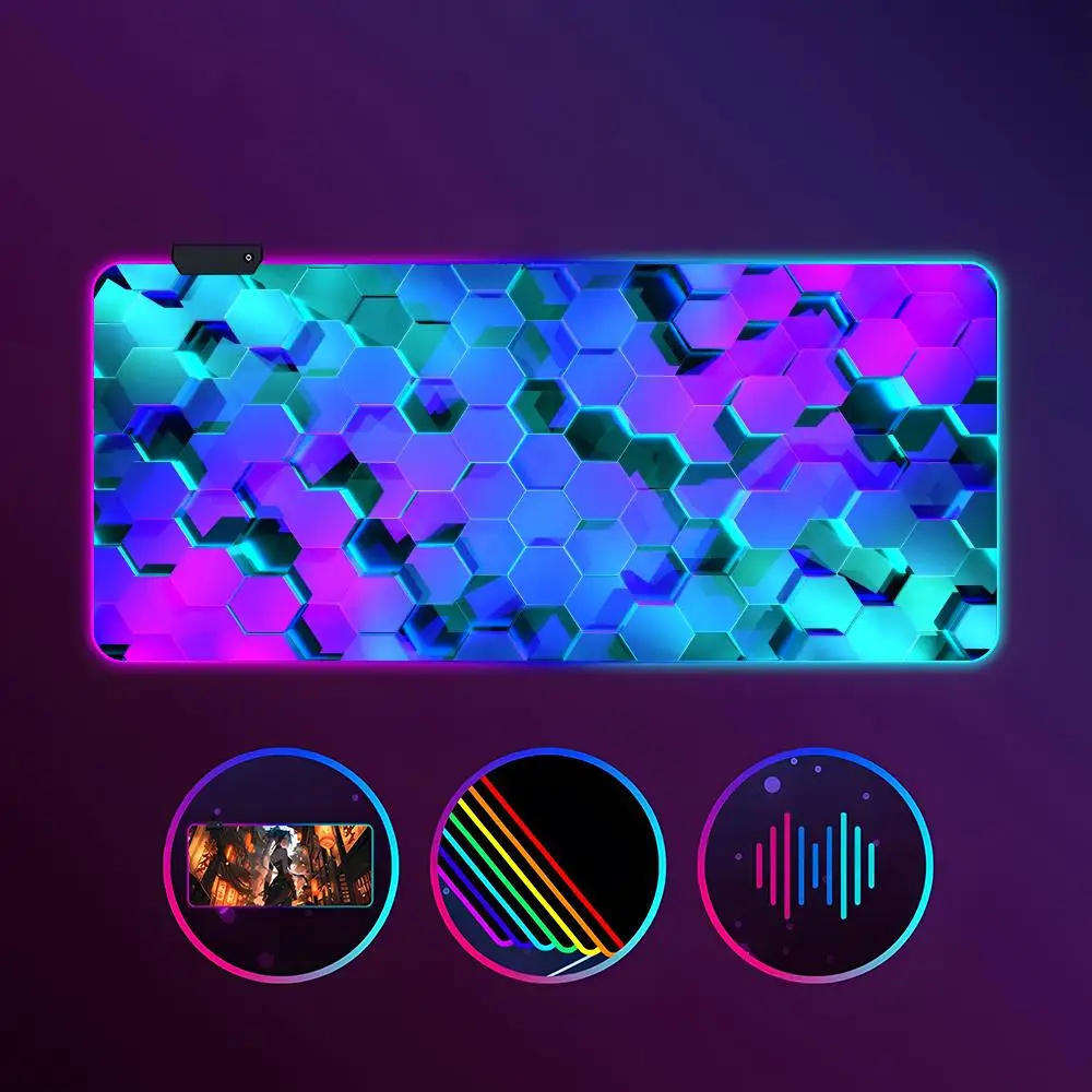 

Треугольный коврик для мыши с сотовой геометрией, RGB светящийся, 900X400 мм, большой настольный коврик, нескользящий, очень большой игровой офисный коврик для мыши