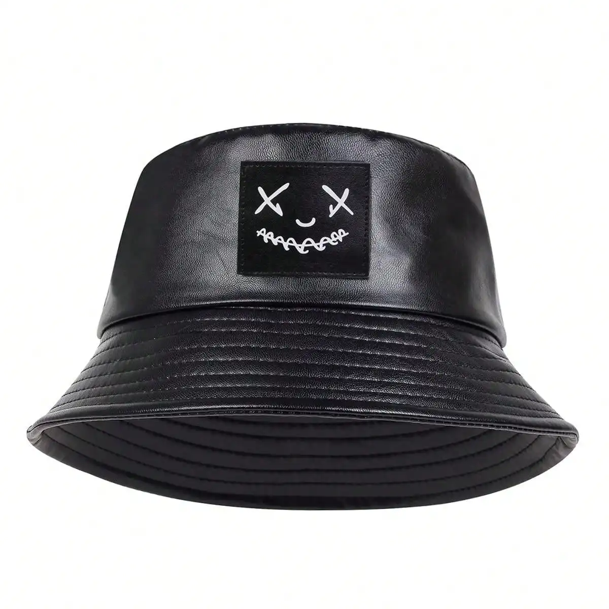 Unisex XX Smiling Face Label PU Leather Personality Bucket Hat Spring And Autumn Fisherman Caps Outdoor Casual Cap Sunscreen Hat