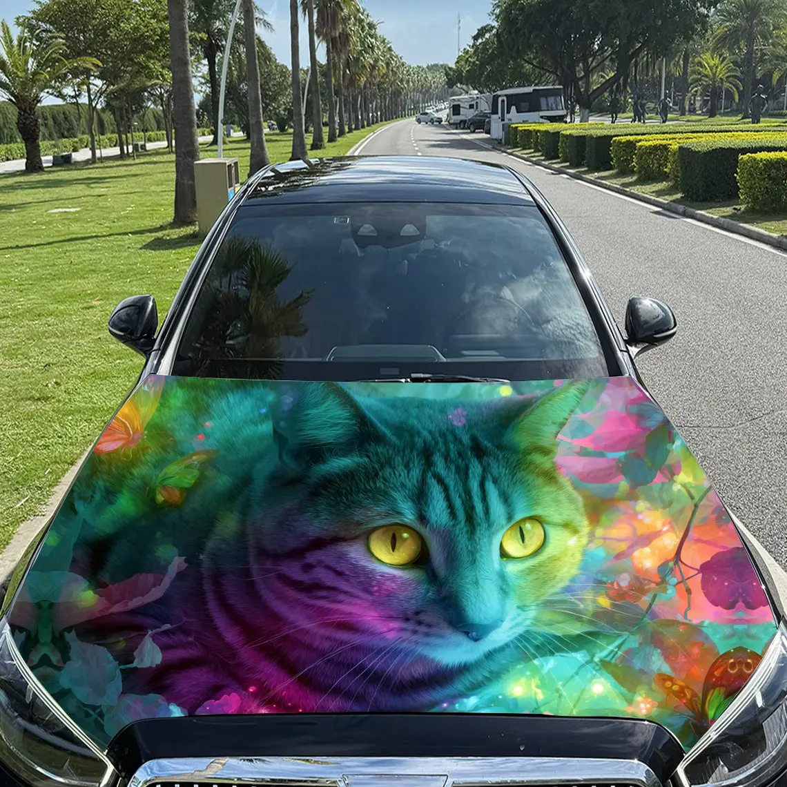 

Psychedelic Cat & Butterflies Car Vinyl Wrap, PVC Material Waterproof Car Hood Sticker, Self-Adhesive Scratch-Resistant Stickers