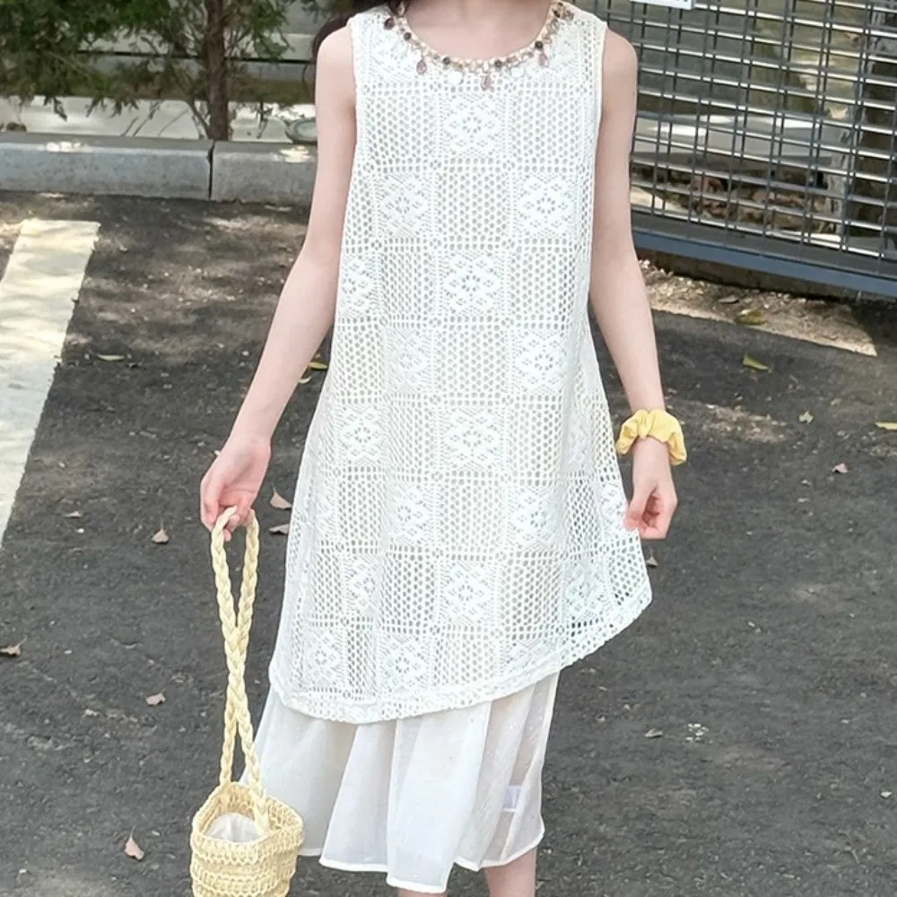 

Round Neck Kids Bohemian Shell Dress Princess Sleeveless Children Beach Long Skirt Hollow Lace Girls Patchwork Dress Travel