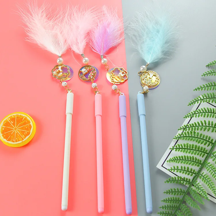 30PCS Creative feather pendant pen Retro gilded window flower painting pendant Rollerball pen high beauty water-based pen