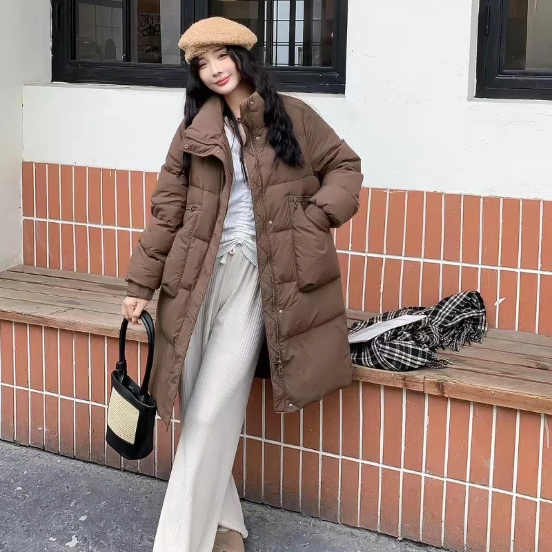 Piumino di media lunghezza per donna, cappotto femminile, colletto rialzato, piumino Casual, giacche invernali larghe, moda coreana, 2024