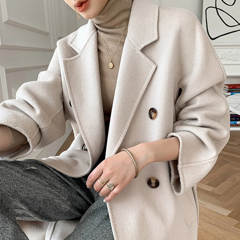 

Wool Jackets Women Winter 2024 Suit Collar Double-Breasted Belt Slim Long Abrigos De Mujer White/Camel Double-Sided Tweed Coat